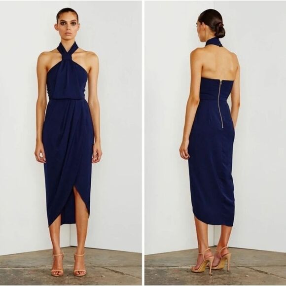 Shona Joy Core Knot Halter Neck Navy Blue Cocktail Midi Party Dress Size 6 Small - Picture 1 of 9